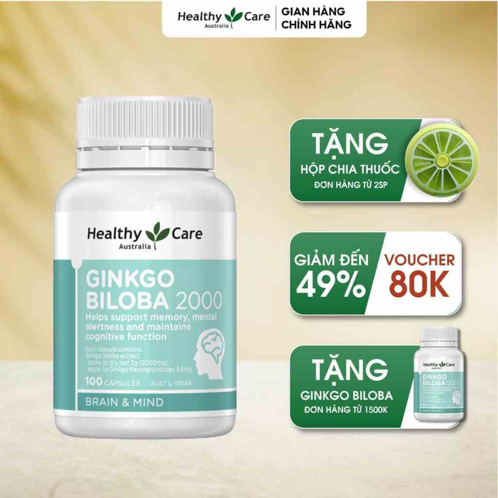 Bổ não Healthy Care Ginkgo Biloba Úc 2000 100 viên Tăng Cường Cải Thiện Trí Nhớ