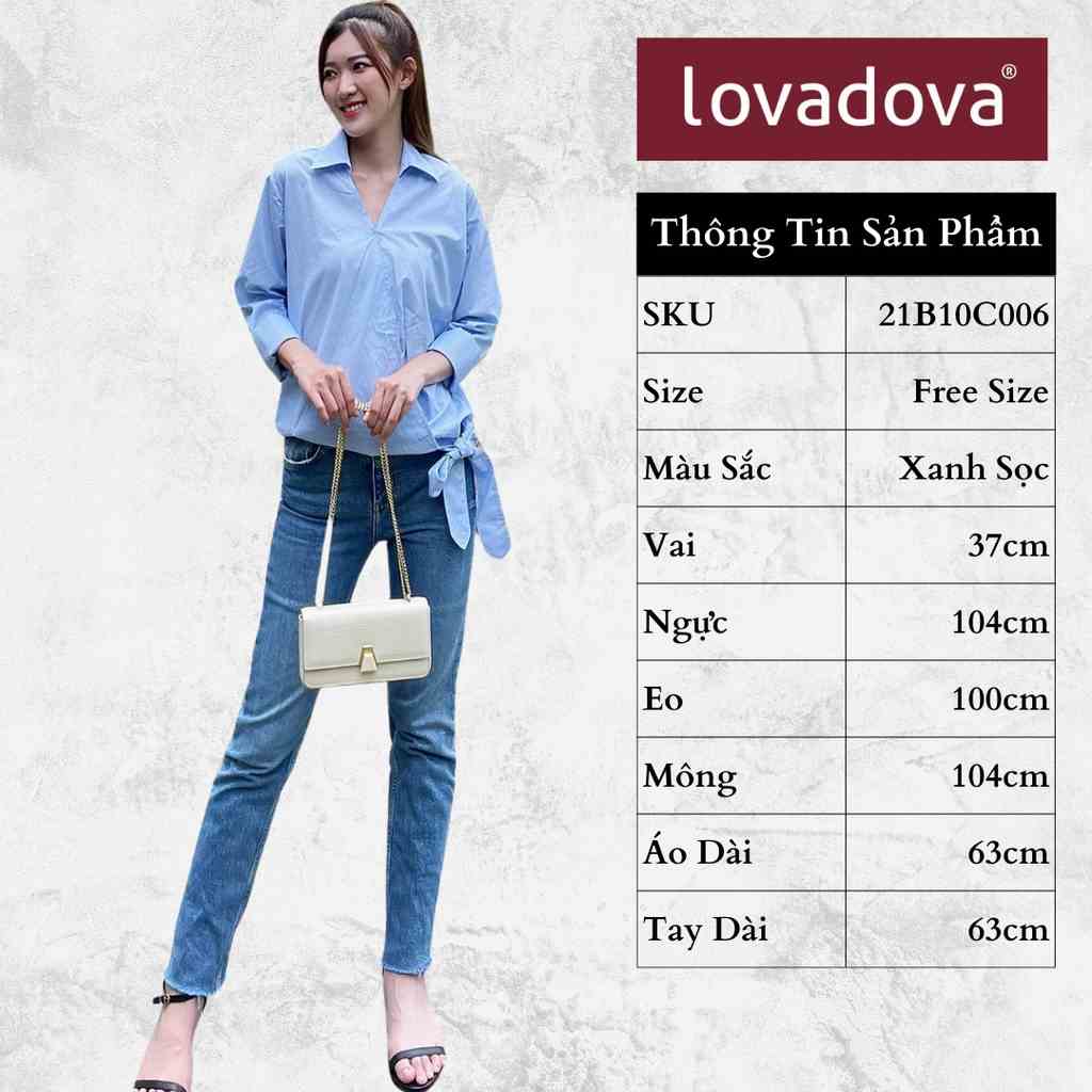 Áo Kiểu Nữ, Dài Tay, Cách Điệu Đắp Chéo, Nơ Bên Hông, Màu Xanh Sọc - Lovadova 21B10C006