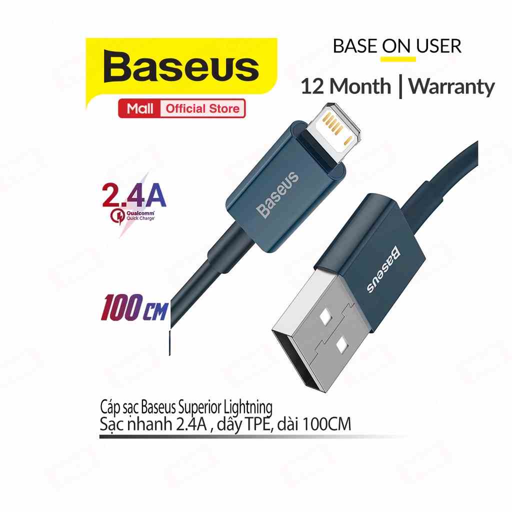 Cáp sạc 2.4A Baseus Superior Lightning truyền dữ liệu 480Mbps dây nhựa ABS dài 100CM ( Giao màu ngẫu nhiên )