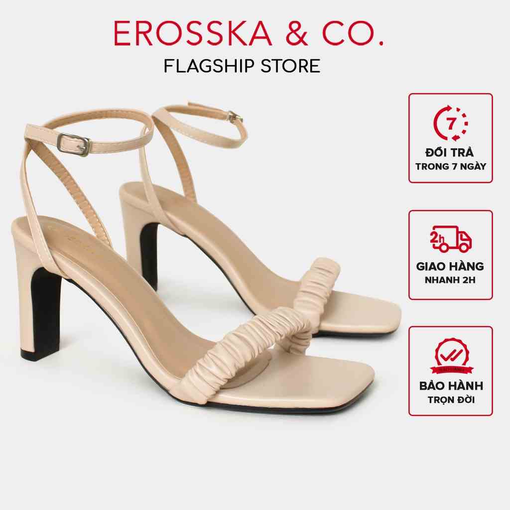 Erosska - Giày sandal cao gót nữ mũi vuông quai nhún thanh lịch cao 8cm màu nude - EB044