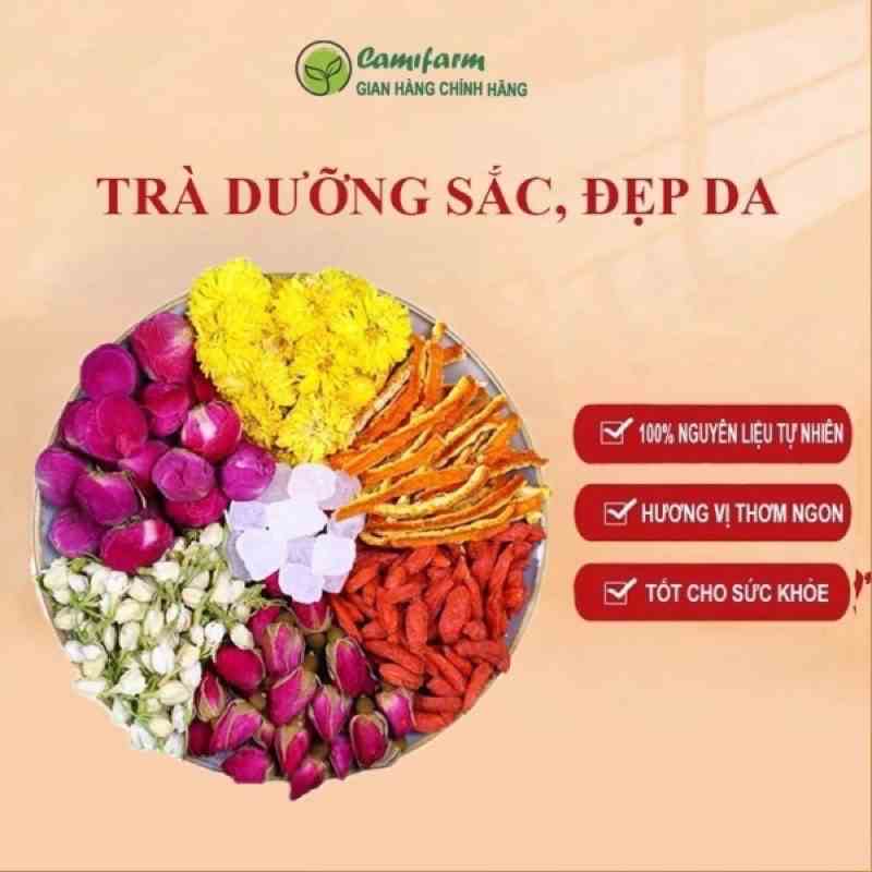 Trà dưỡng sắc, đẹp da, giữ dáng Camifarm (Gồm: Hoa Cúc, Nụ Hồng, Nụ Nhài, Trần Bì, Kỷ Tử, Mẫu Đơn)