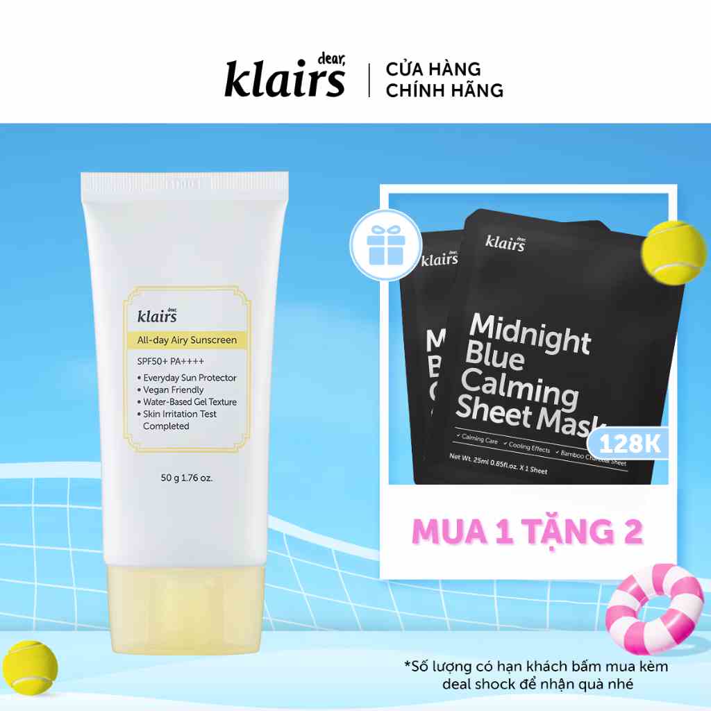 Dear,Klairs Kem chống nắng All-day Airy Sunscreen SPF50+ PA++++ 50g