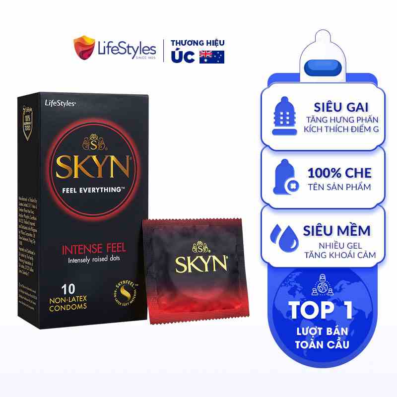 [Mua nhiều giảm giá] Bao Cao Su Non-latex Siêu Gai Lượn Sóng SKYN Intense Feeling Không Mùi Cao Su Nhiều Gel - Hộp 10bao