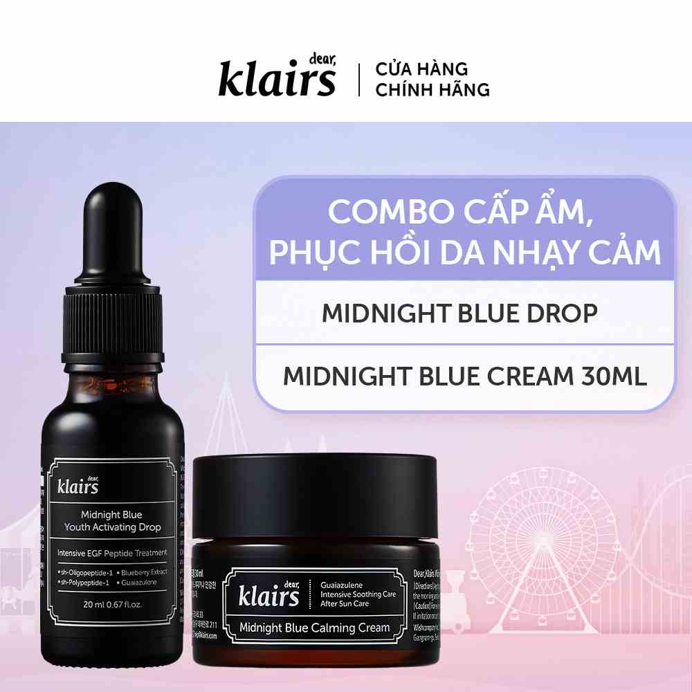 Combo Dear, Klairs tinh chất Midnight Blue Youth Activating Drop 20ml + Kem dưỡng Midnight Blue Calming Crem 30mll