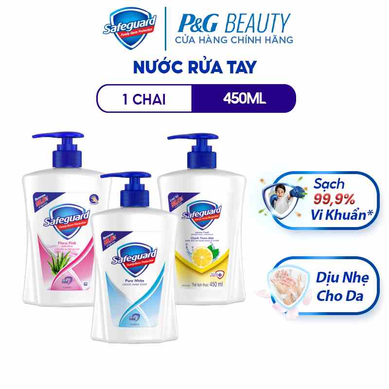 Nước Rửa Tay SAFEGUARD Sạch 99,9% Vi Khuẩn & Dịu Nhẹ Cho Da Chai 450ml Trắng Tinh Khiết/Hoa Hồng Lô Hội/Chanh Tươi Mát