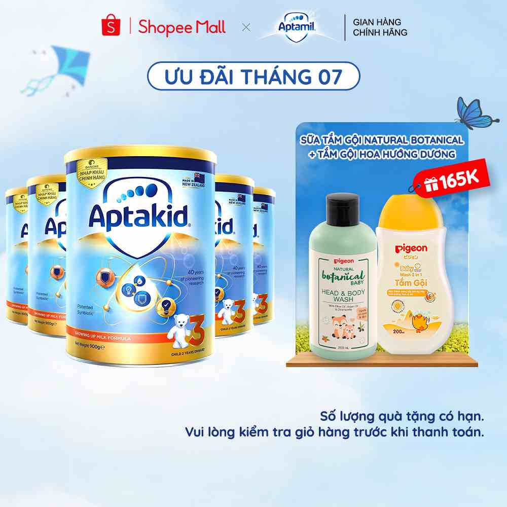 Combo 5 Sữa bột Aptakid New Zealand hộp thiếc 900g cho bé từ 24 tháng