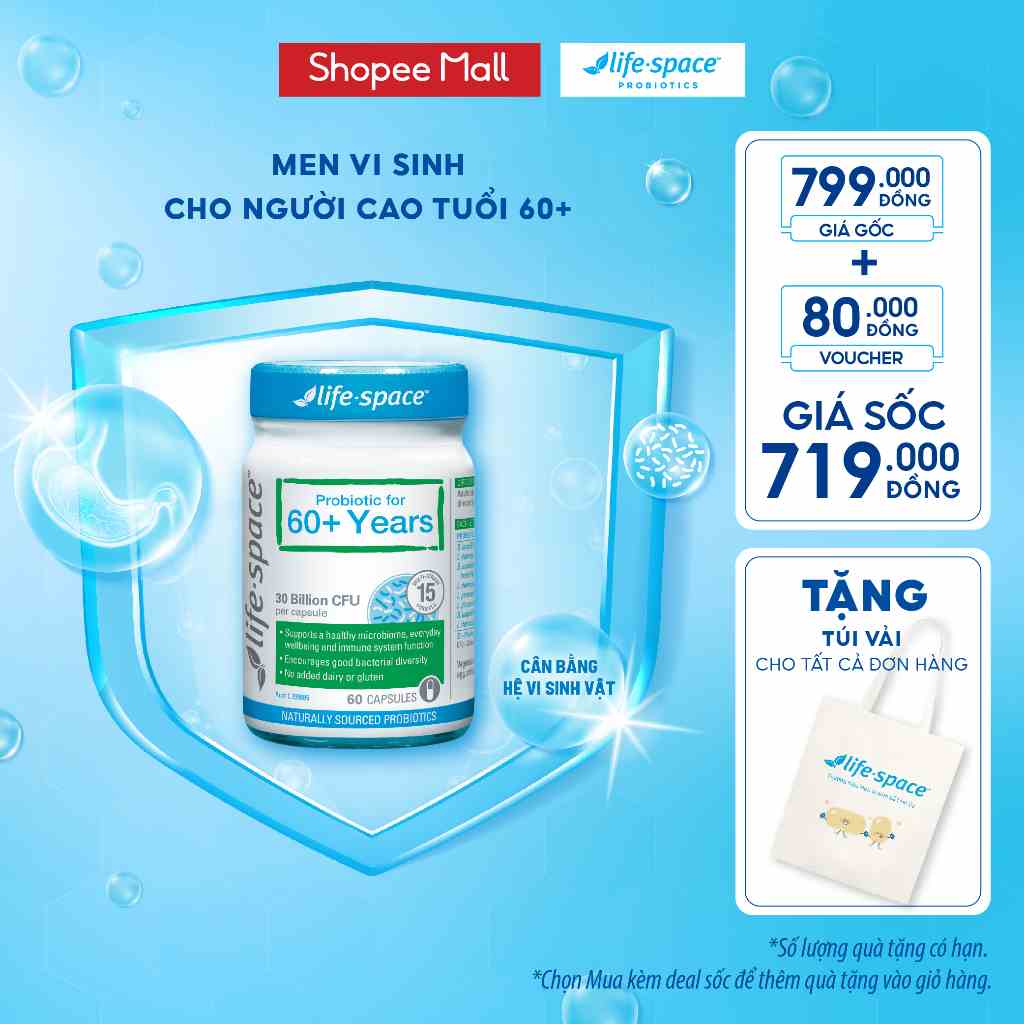 Men vi sinh Úc hỗ trợ tiêu hóa dành cho người lớn tuổi Life Space 60+ Probiotic 60 viên