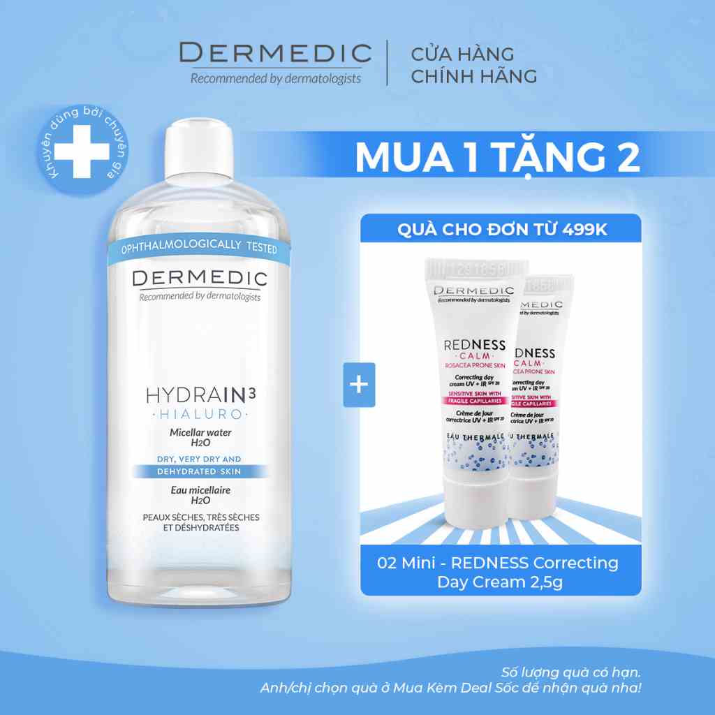 Nước tẩy trang 2 trong 1 dành cho da khô Dermedic Hydraun3 Hialuro Micellar Water H2O 500ml