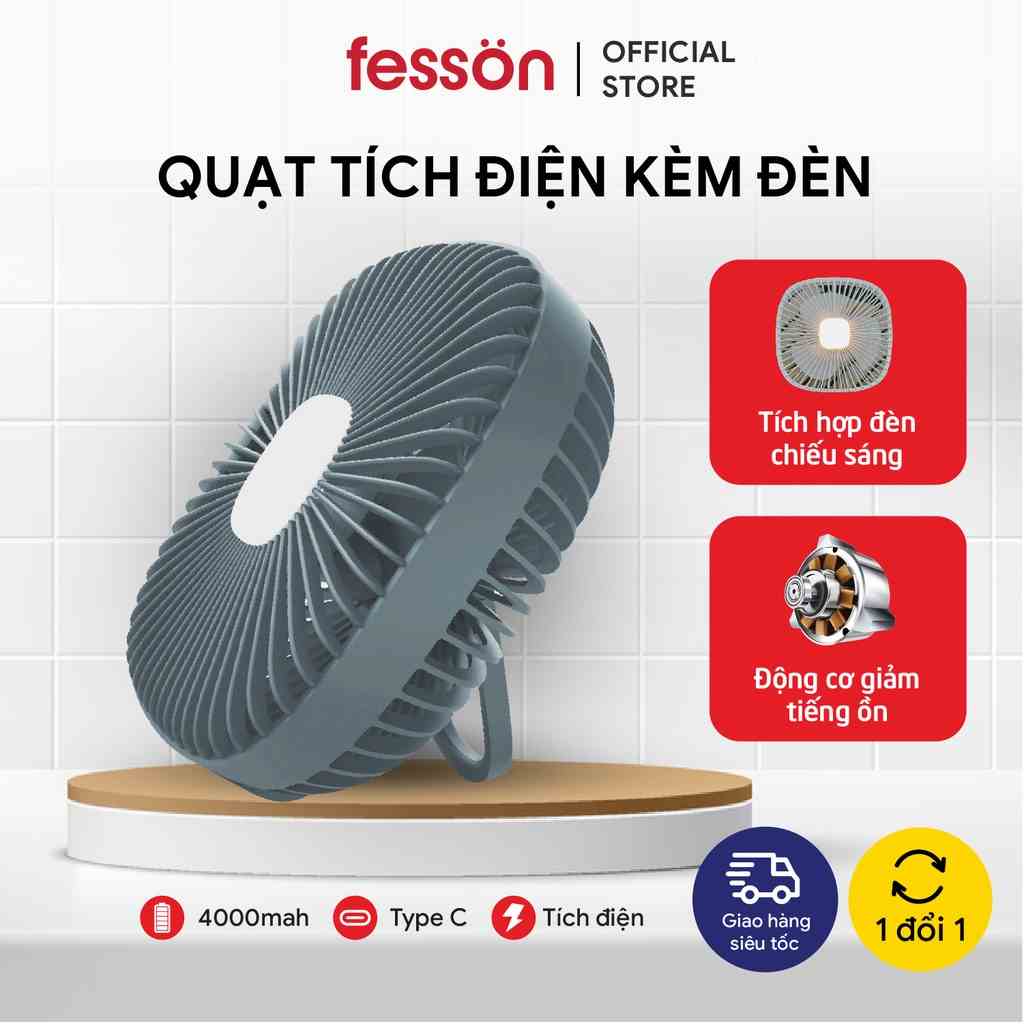 Quạt tích điện 4000mAH Siêu trâu cao cấp fesson, Quạt để bàn sạc tích điện kèm đèn tiện lợi