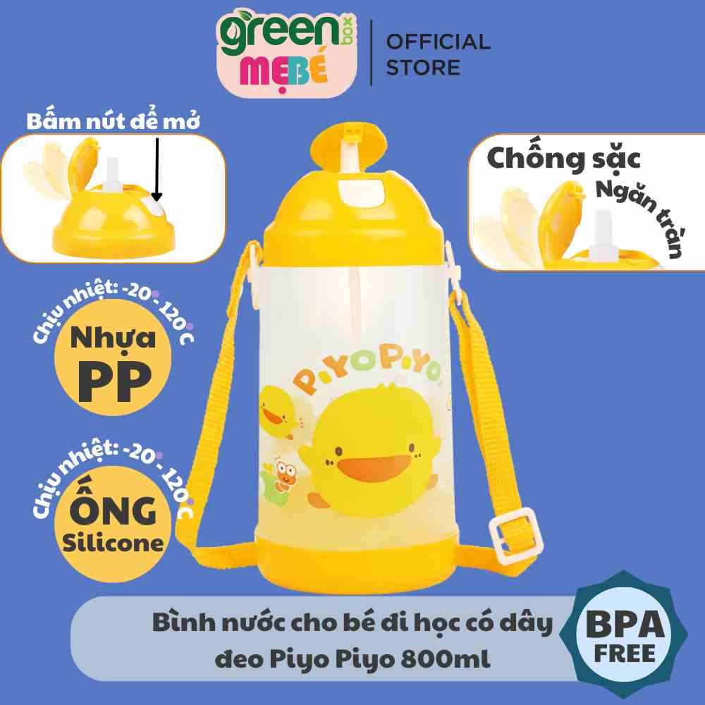 Bình nước cho bé đi học có dây đeo Piyo Piyo 800ml, ấn nút để mở, ống hút chống tràn