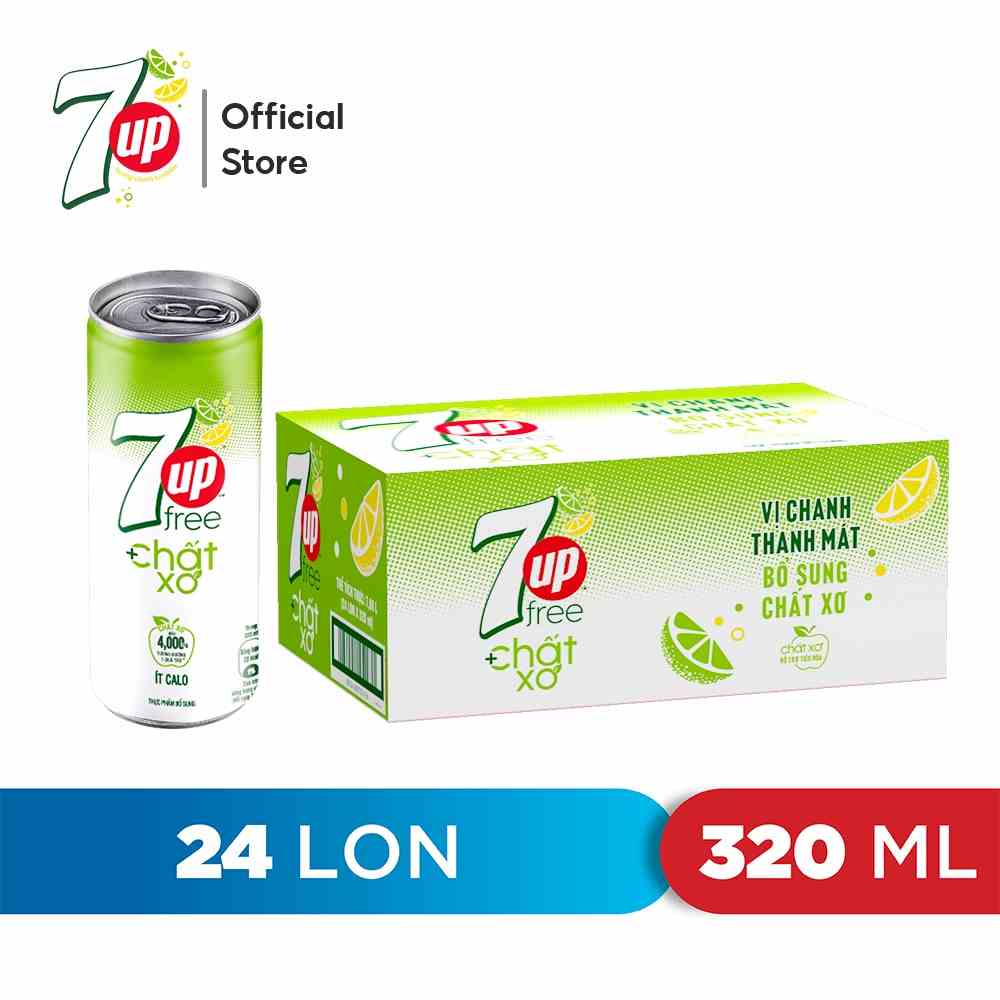 [HỎA TỐC-HN&HCM]Thùng 24 Lon Nước Uống Có Gaz 7UP Ít Calo Bổ Sung Chất Xơ (320ml/lon)