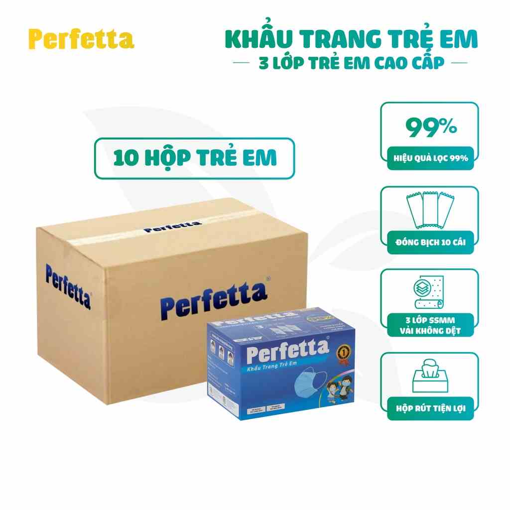 [Mã BMLTB35 giảm đến 35K đơn 99K] [THÙNG 350 cái] Khẩu trang 3 lớp Perfetta Trẻ Em Trắng/Xanh (35 Cái/Hộp)