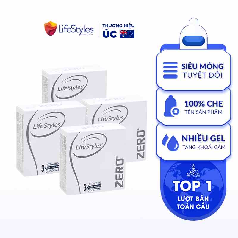 Combo 4 Bao Cao Su Siêu Mỏng Vô Hình Truyền Nhiệt Nhanh LifeStyles ZERO Nhiều Gel Bôi Trơn Tăng Khoái Cảm - Hộp 3 bao