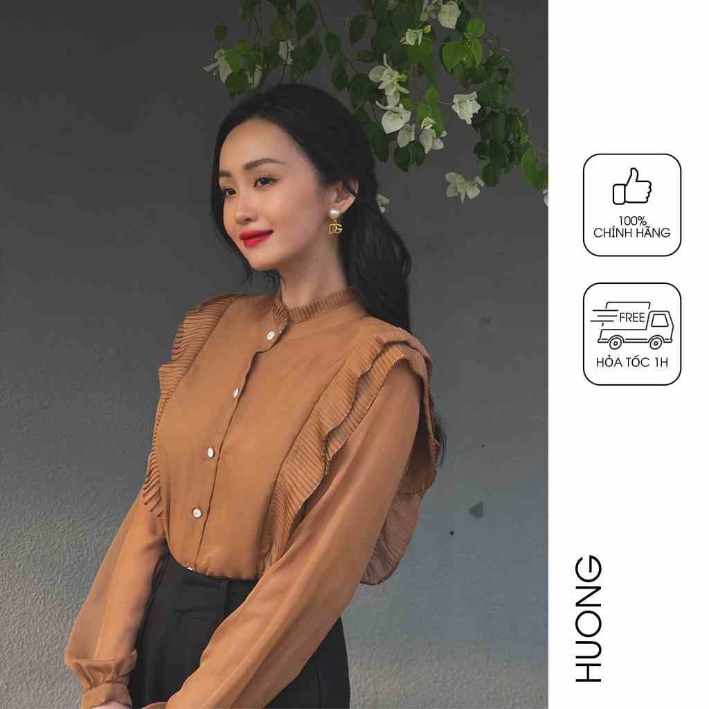 Áo sơ mi tơ tằm bèo dập li cầu vai màu nâu và màu cream HUONG BOUTIQUE HBSM1031