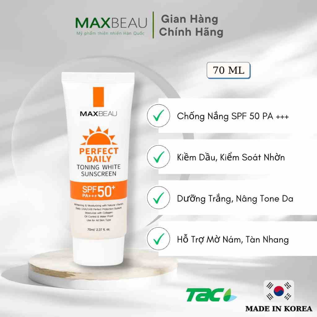 Kem chống nắng Dưỡng trắng da Nâng Tone MAXBEAU Toning White Sunscreen 70ml THIÊN ANH BEAUTY