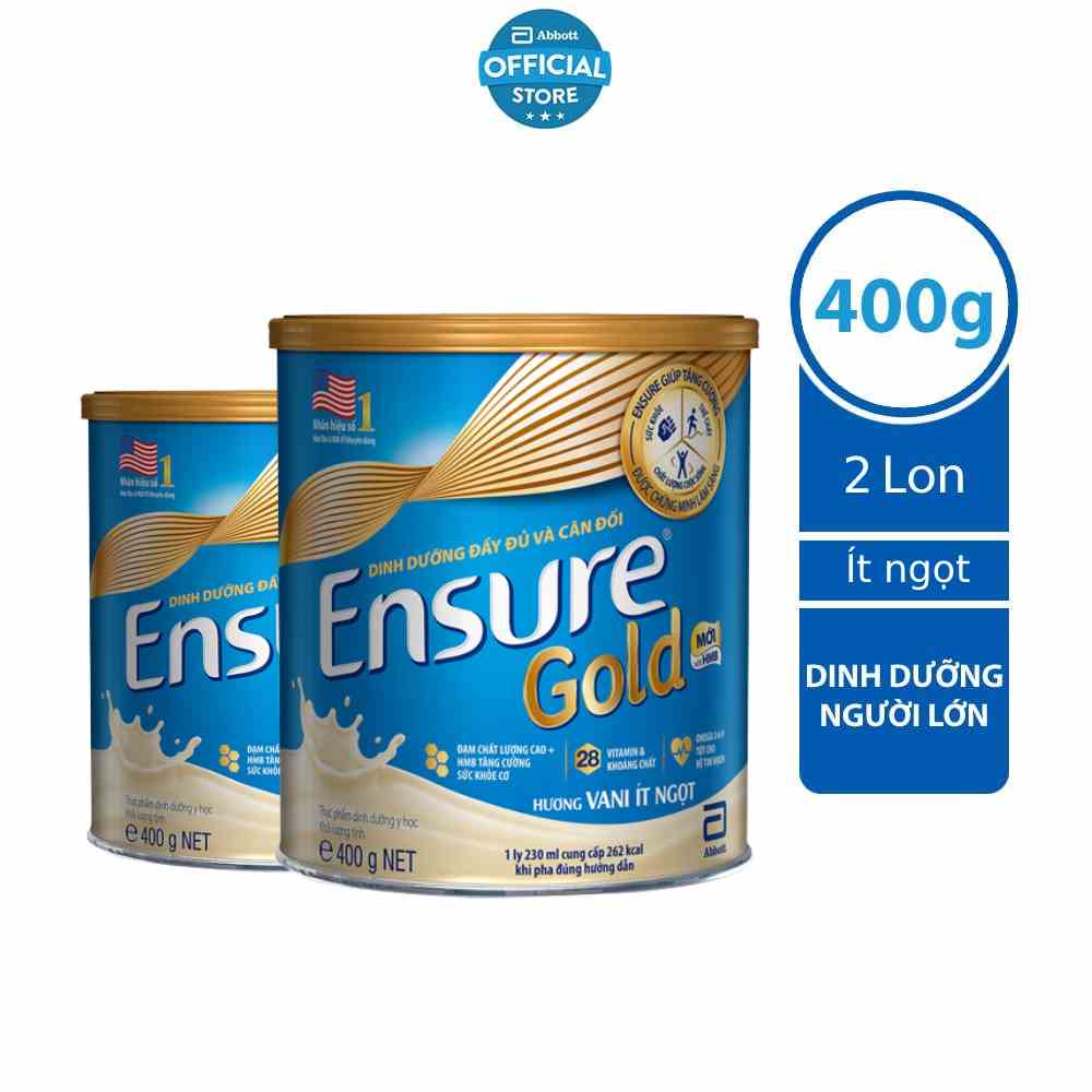 Combo 2 Sữa bột Ensure Gold Abbott ít ngọt (HMB) 400g/lon