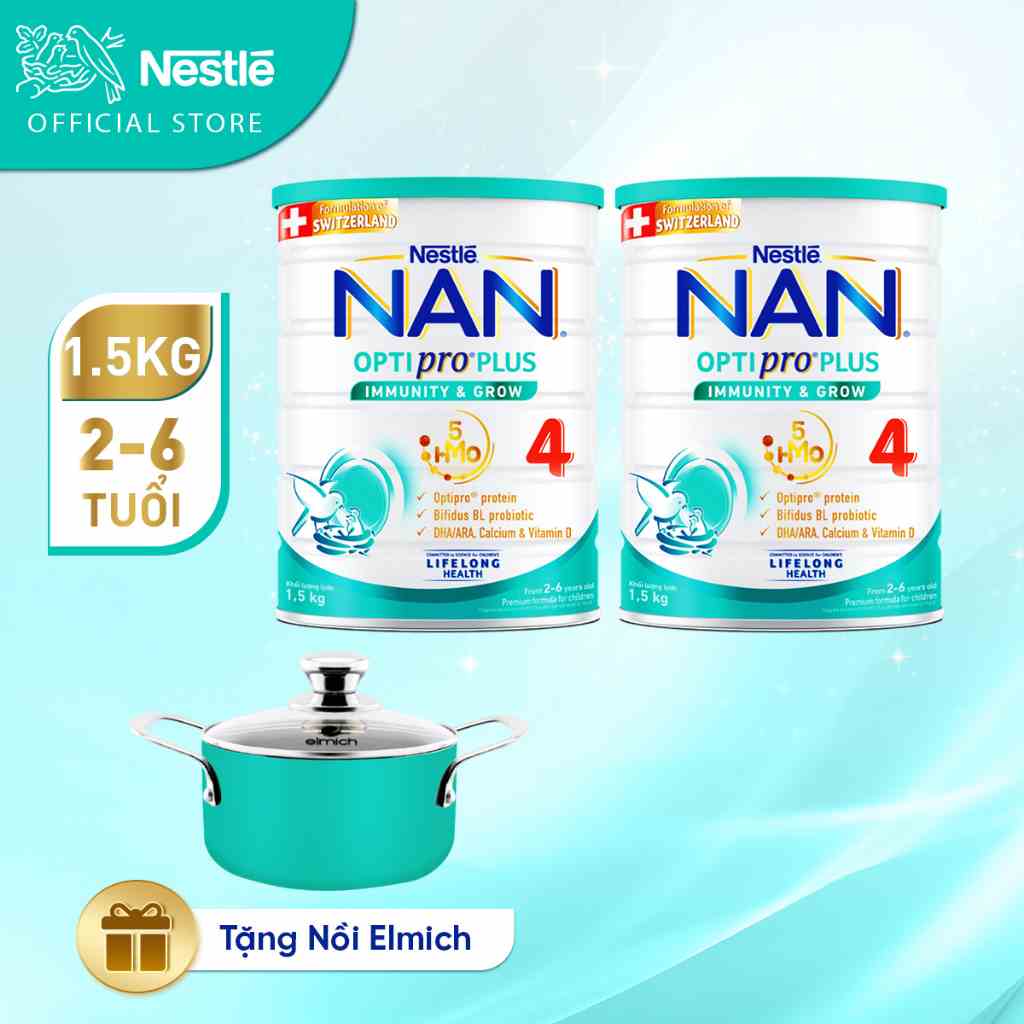 [Tặng Nồi Elmich cao cấp] Combo 2 lon Sữa bột công thức Nestlé NAN OPTIPRO PLUS 4 1500g/lon với 5HMO Hỗ trợ Đề Kháng