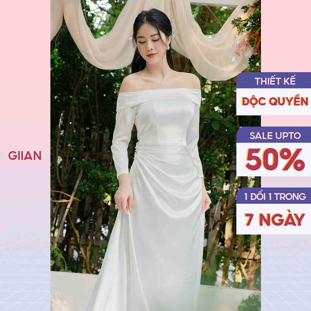 Váy trắng trễ vai dáng dài cho cô dâu, dự tiệc chất lụa sang trọng thiết kế chính hãng GIIAN - GV2426