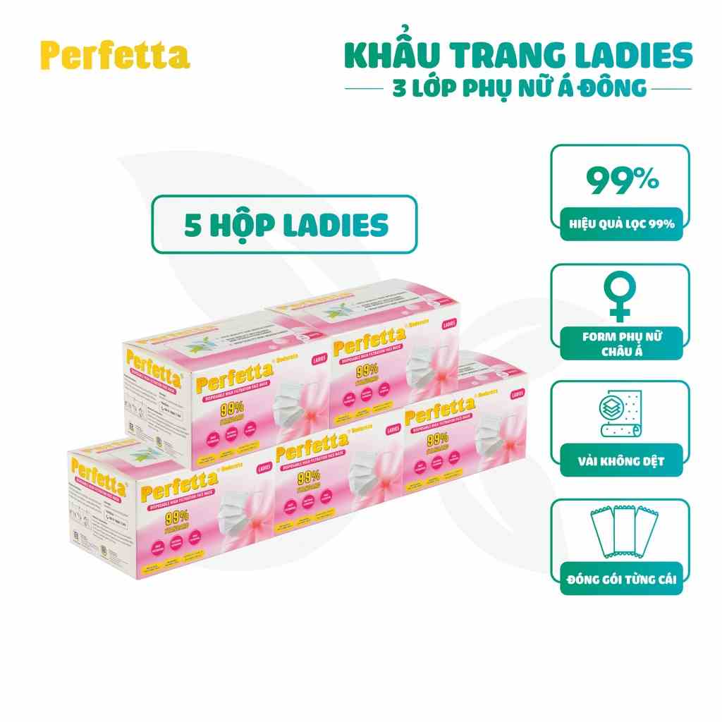 Combo 5 Hộp Khẩu Trang Y Tế Cao Cấp Perfetta Ladies 3 Lớp Cho Phụ Nữ Có Gương Mặt Nhỏ (50 cái/hộp)