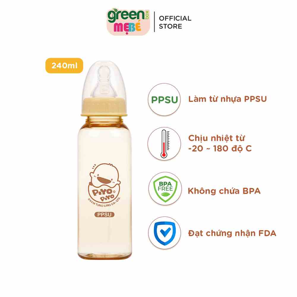 Bình sữa cổ tiêu chuẩn Piyo Piyo 240ml nhựa PPSU chịu nhiệt tới 180 độ, núm ty chống đầy hơi