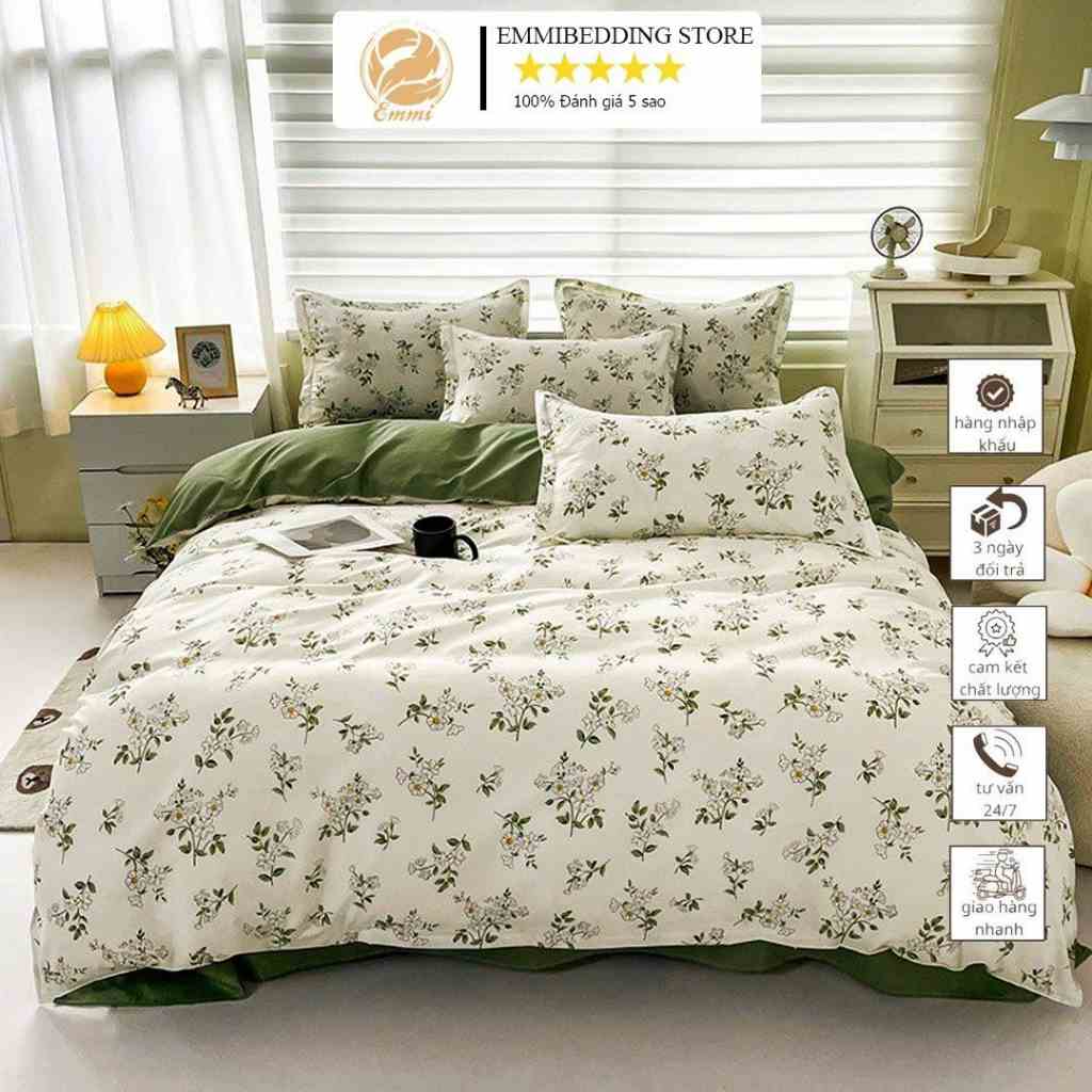 Bộ chăn ga Cotton poly hoa lá EmmBedding chăn ga Hàn Quốc đủ size miễn phí bo chun drap ga giường