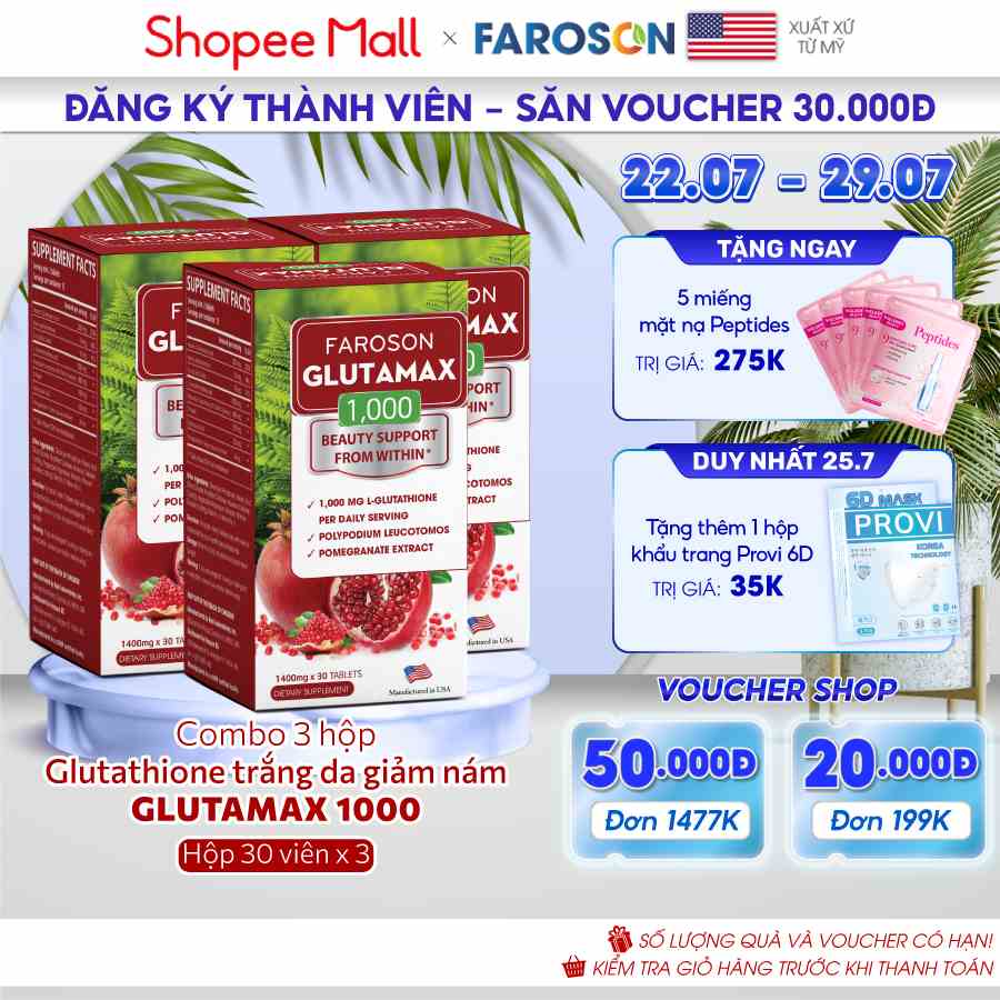 Combo 3 hộp viên uống trắng da Glutathione giảm nám chống nắng Faroson Glutamax 3 x 30 viên