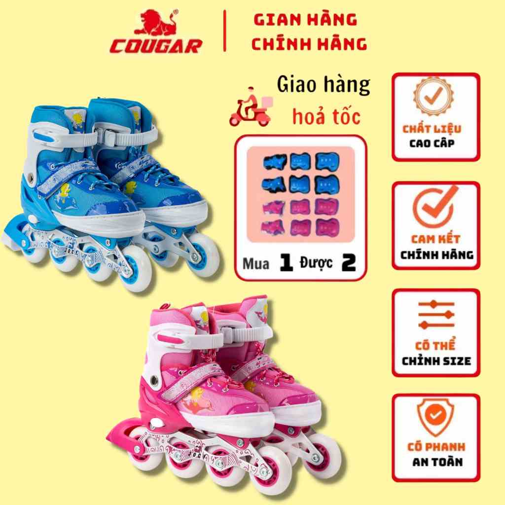 Giày Patin Trẻ Em COUGAR Mega Cao Cấp Họa Tiết Cá Heo, Có Nút Chỉnh Size Tiện Lợi