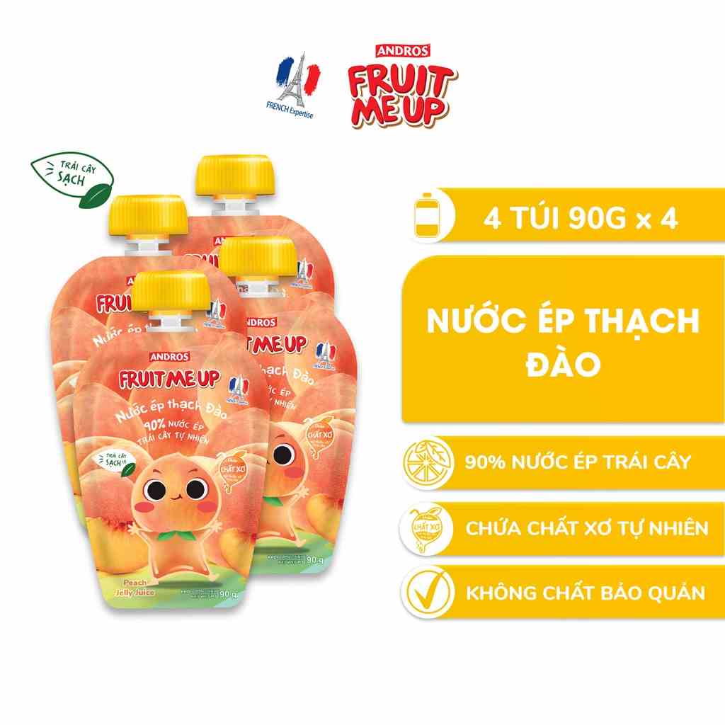 Combo 4 túi Nước Ép Thạch Đào - 90% Nước Ép Trái Cây Thật - ANDROS FRUIT ME UP- 90gx4