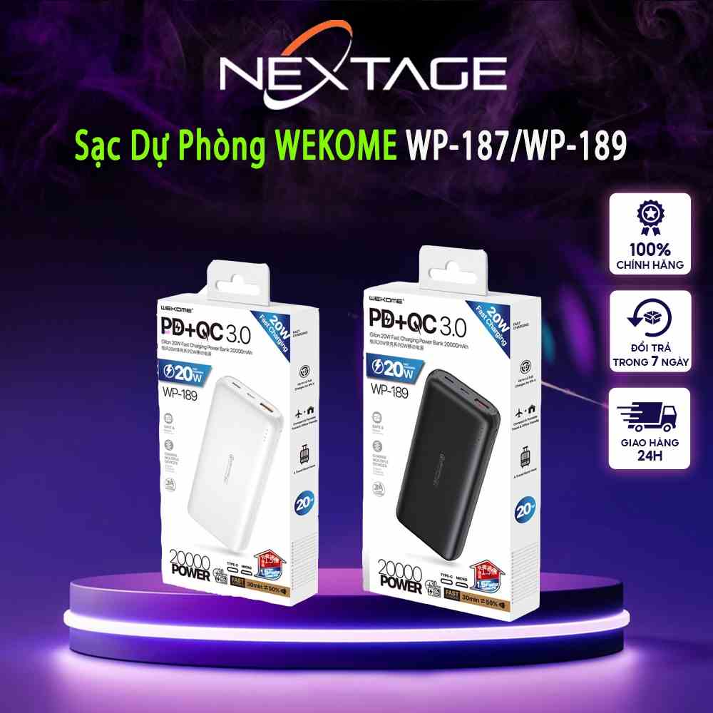 Sạc Dự Phòng WEKOME WP-187/WP-189 10000-20000mAh Tích Hợp Sạc Nhanh PD20W - Chính Hãng NEXTAGE