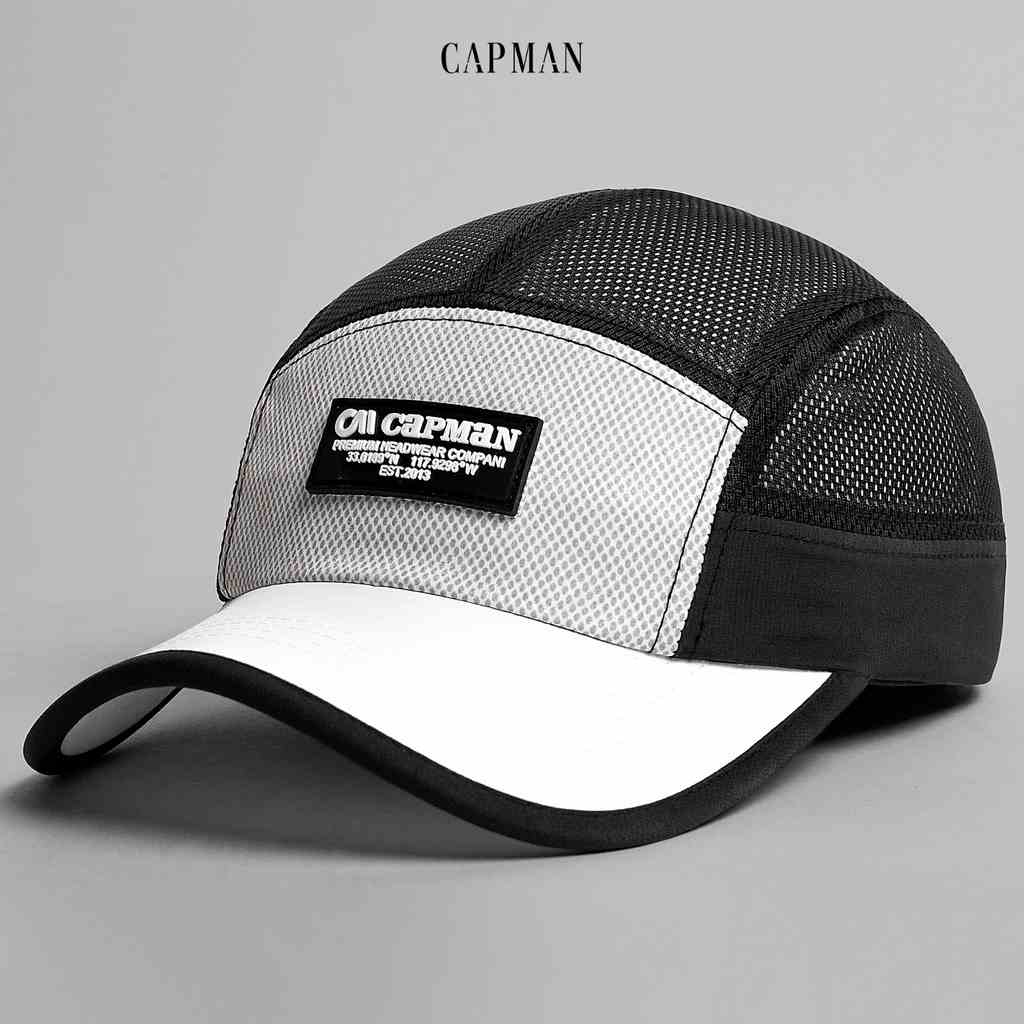 Mũ lưỡi trai thể thao 5panel CAPMAN màu trắng đen CM69 mỏng nhẹ