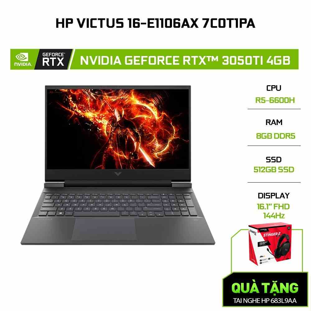 [Mã ELHP2TR5 giảm 12% đơn 18TR] Laptop HP VICTUS 16-e1106AX 7C0T1PA R5-6600H | 8GB | 512GB |RTX™ 3050Ti 4GB | 16.1