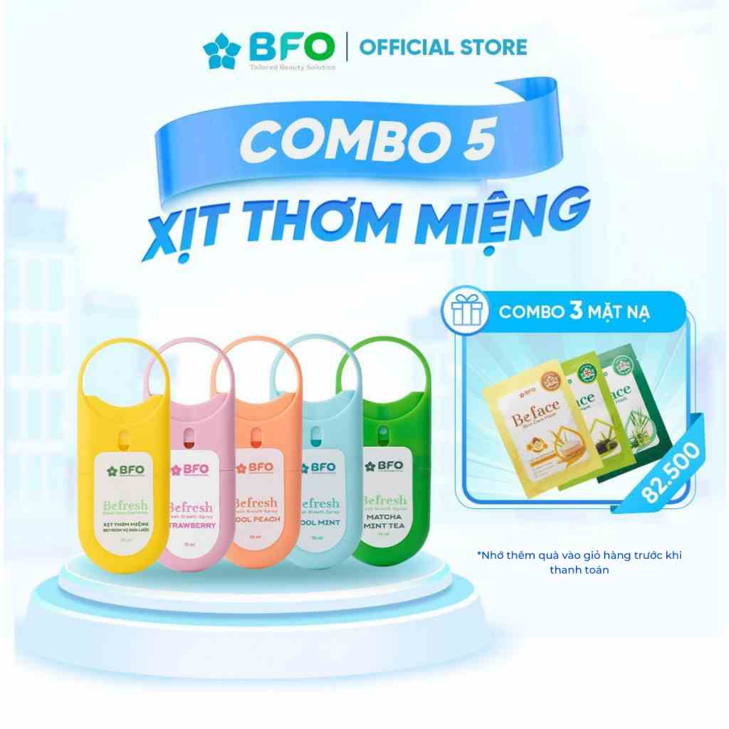 [TẶNG KÈM COMBO 3 MẶT NẠ] Combo 5 Xịt Thơm Miệng BFO Cho Hơi Thở Thơm Mát 10ml