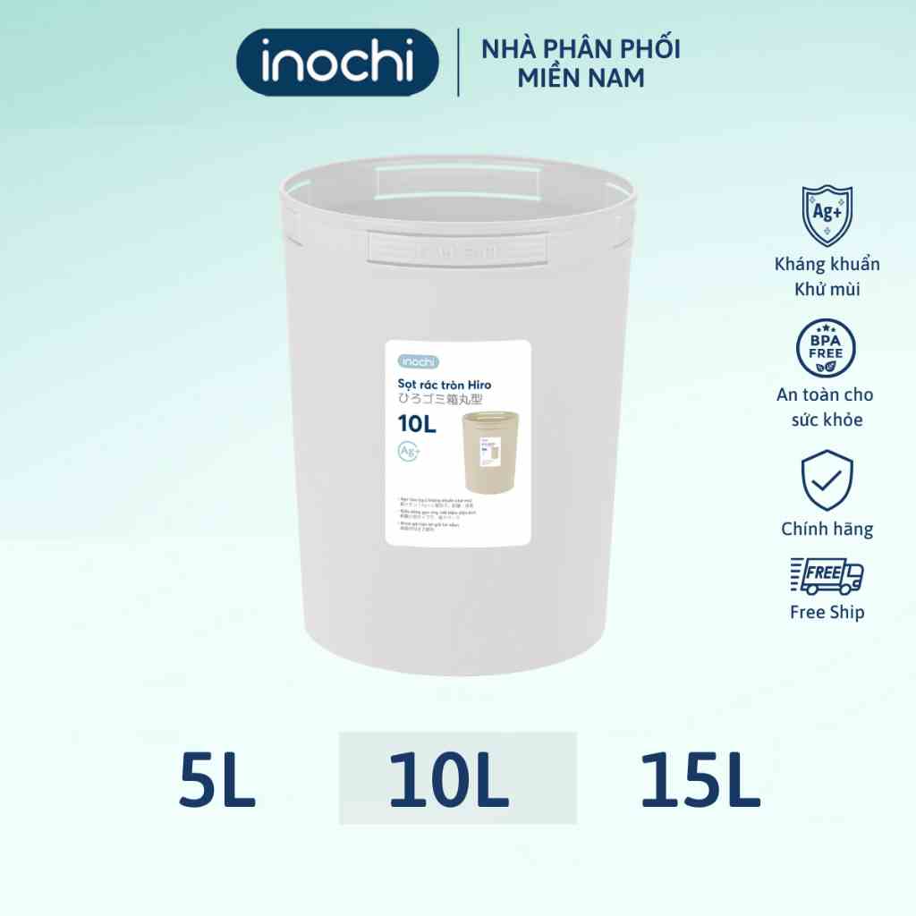 Sọt rác không nắp Hiro 10L Inochi chất liệu nhựa thân thiện, công nghệ ion Ag+ giúp kháng khuẩn khử mùi