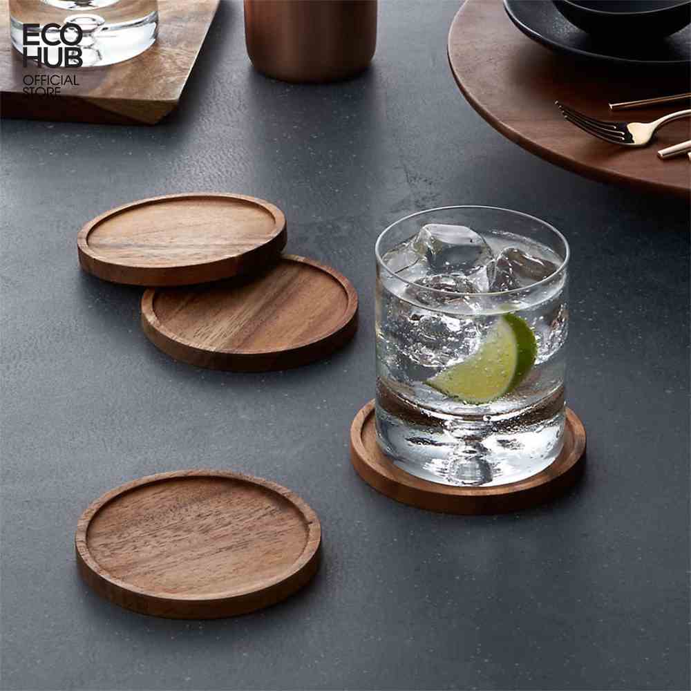 Đế lót ly bằng gỗ ECOHUB thiết kế hình tròn dùng cho quán cà phê (Wooden Coasters)