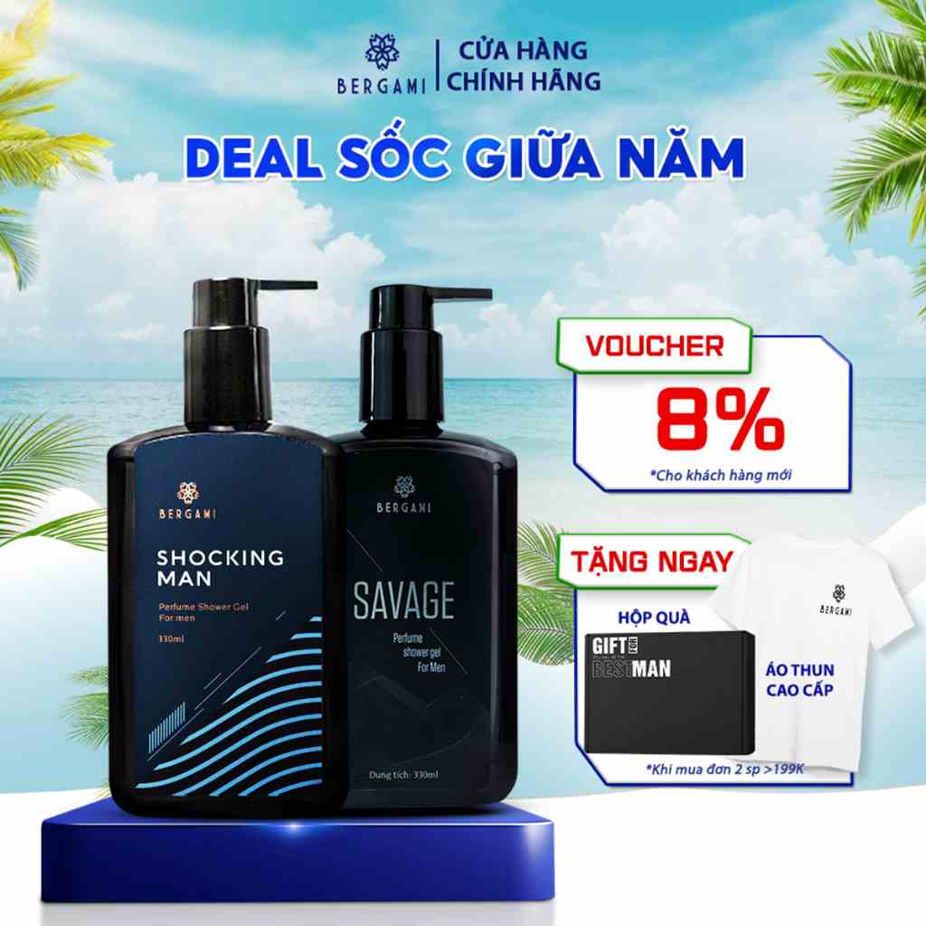 Combo 2 Sữa Tắm Nam Hương Nước Hoa Bergami Savage và Shocking Man, Ngừa Khuẩn Mùi Hương Nam Tính Lưu Hương 6H 330ml/chai