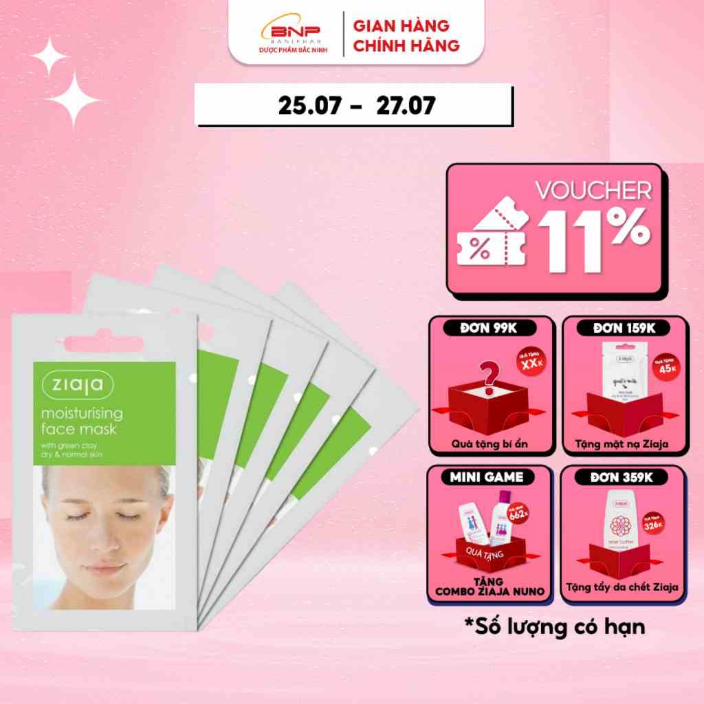 Mặt nạ dưỡng trắng da, chống lão hóa Ziaja Moisturising Face Mask with Green Clay dạng bùn xanh 7ml