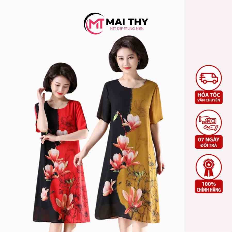 Váy Trung Niên MAI THY D498, Mẫu Đầm Hoa Cho Mẹ Đi Tiệc Cổ Tròn Tay Ngắn Thoải Mái Mát Mẻ | Thời Trang Trung Niên U40+