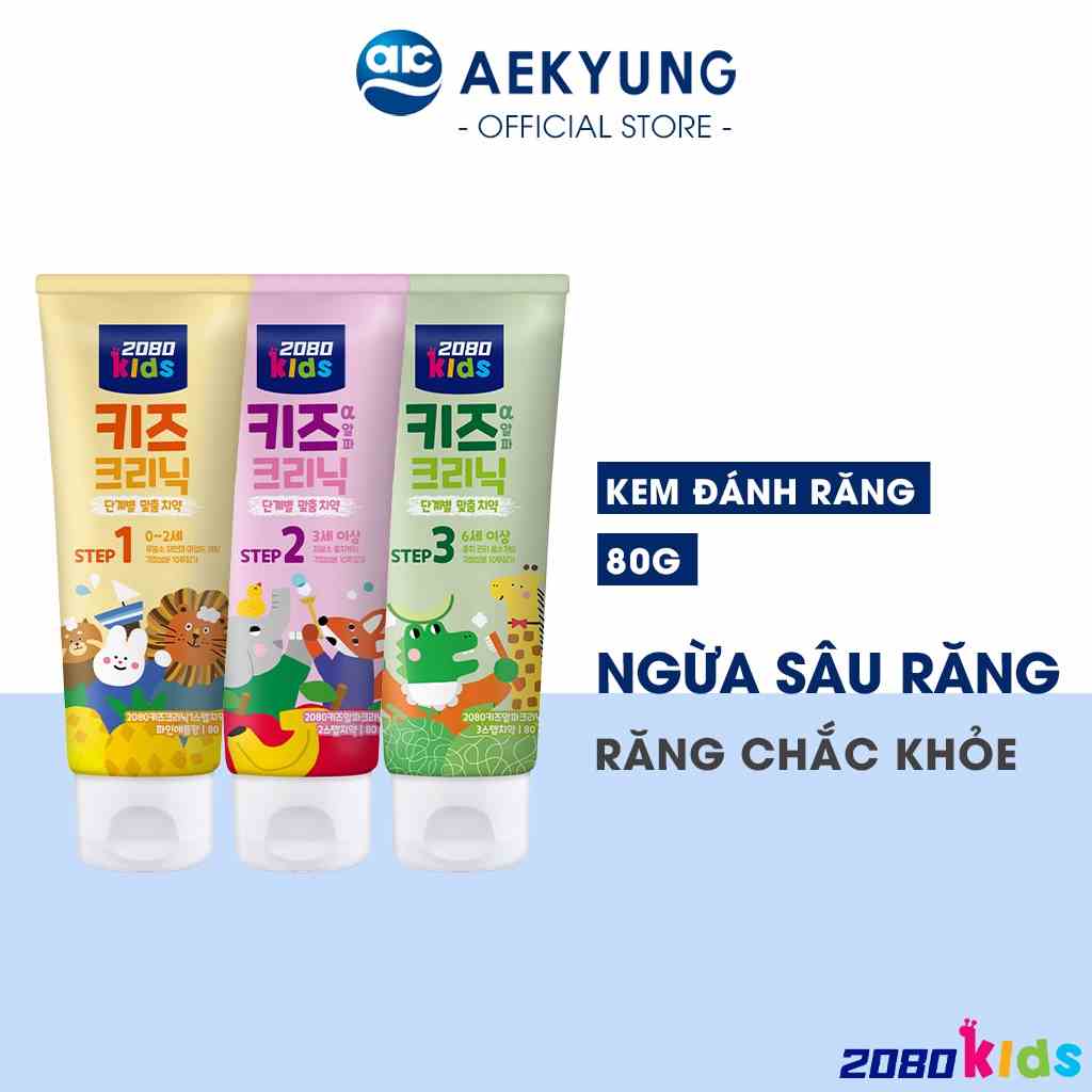 Kem đánh răng trẻ em Kids Clinic 2080 bảo vệ bé khỏi sâu răng, chứa canxi cho răng chắc khoẻ cho bé từ 0-9 tuổi 80g