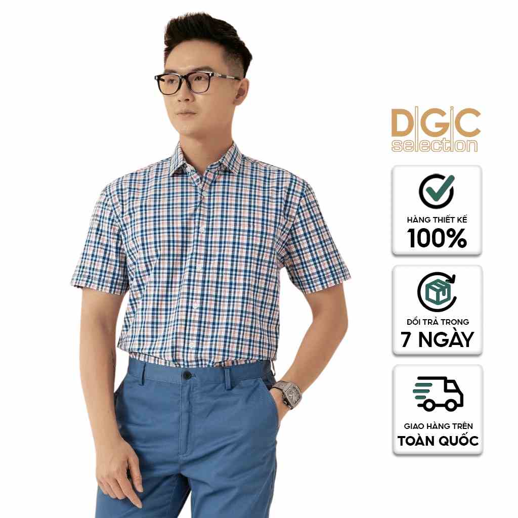 Áo sơ mi nam DGCs ngắn tay họa tiết kẻ trẻ trung, chất Cotton thoáng mát thấm hút tốt SASNBB16M