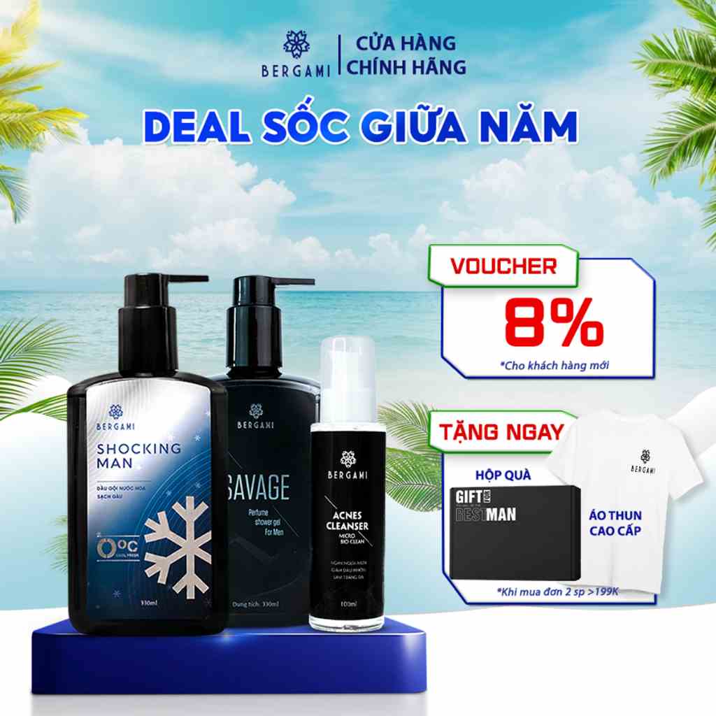 Combo Quà Tặng Nam Bergami, Sữa Tắm Nước Hoa Nam 330ml & Dầu Gội Nước Hoa Nam 330ml & Sữa Rửa Mặt Bùn Khoáng Nam 100ml