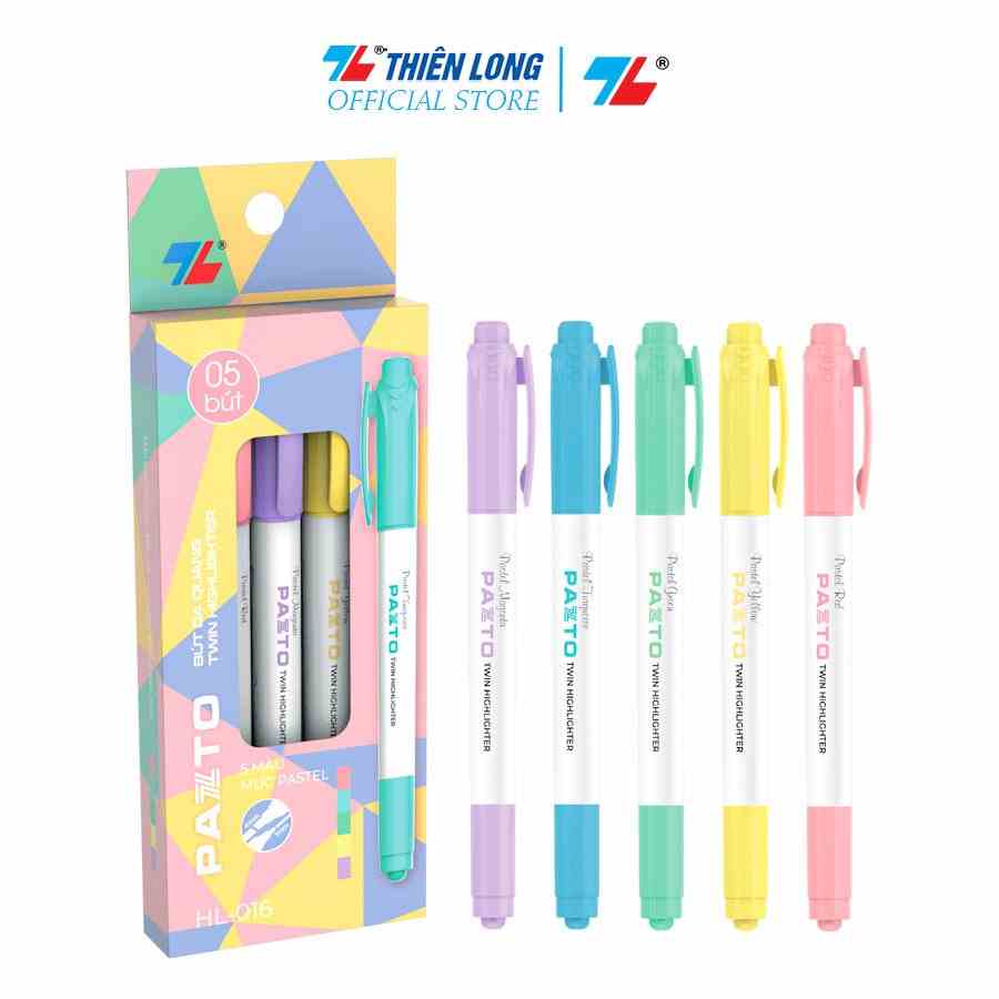 Hộp 5 Bút dạ quang màu Pastel Thiên Long Pazto HL-016 - Bút dạ quang rửa được - Không để lại vết khi Photocopy (5 cây)