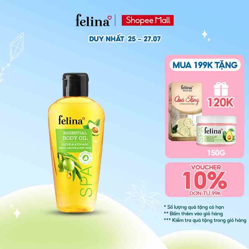 Tinh Dầu Dưỡng Thể Body Oil Felina Home Spa 100ml tăng cường & khóa ẩm cho làn da căng mướt tức thì