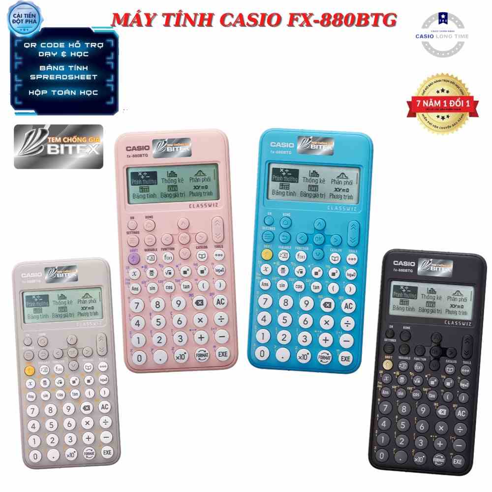 Máy Tính CASIO FX-880BTG , Phiên bản cải tiến , Cầm Tay , bỏ túi , đi học , bảo hành 7 năm , longtime