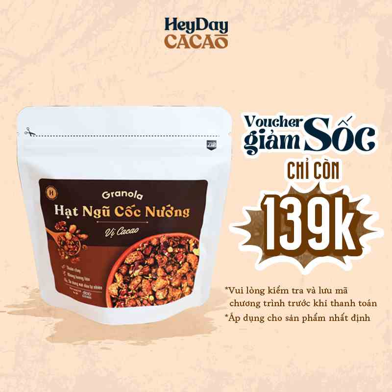 Granola nướng giòn tan, Vị Cacao, Túi 400g, Dùng mật dừa nước, 0 trái cây sấy, GI Thấp - Hạt ngũ cốc giảm cân- Heyday