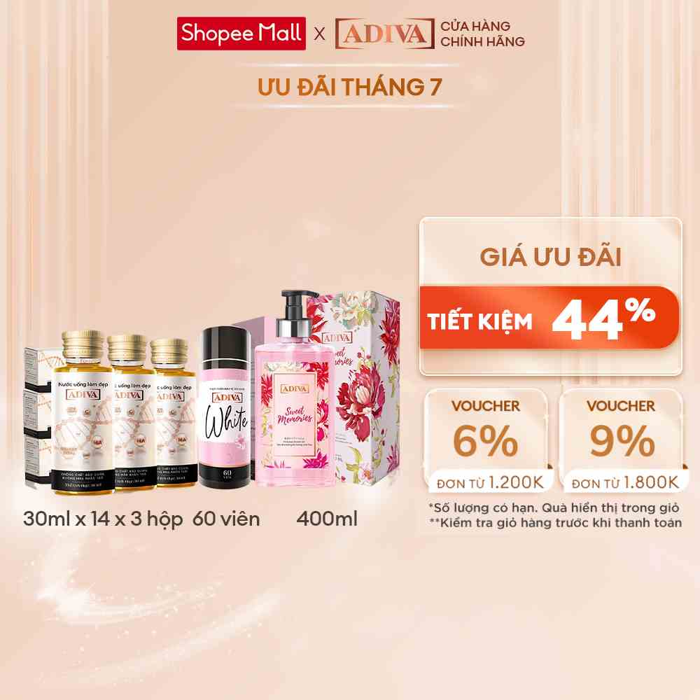 Combo 3 Hộp Collagen ADIVA (14 Chai/Hộp) + Combo Viên Uống Trắng Da White 60 Viên và Sữa Tắm Sweet Memories 400ml