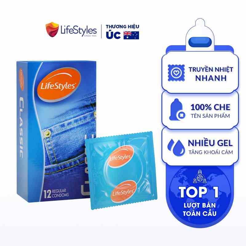 Bao Cao Su Ôm Sát Nhiều Gel Bôi Trơn LifeStyles Classic Thiết Kế Mỏng Chuẩn Size, 100% Không Rách Bao - Hộp 12 bao