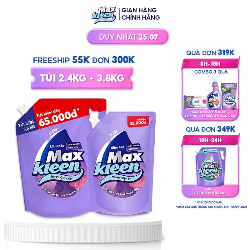 Combo 2 Túi Nước Giặt Xả MaxKleen Hương Huyền Diệu 3.8kg + 2.4kg