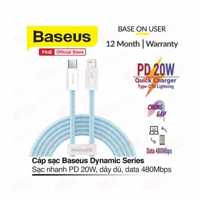 Cáp sạc nhanh  PD20W  Baseus Dynamic Series Type-C dành cho IP10/11/12/13/14promax data 480Mbps, dây bọc dù, dài 1m/2m