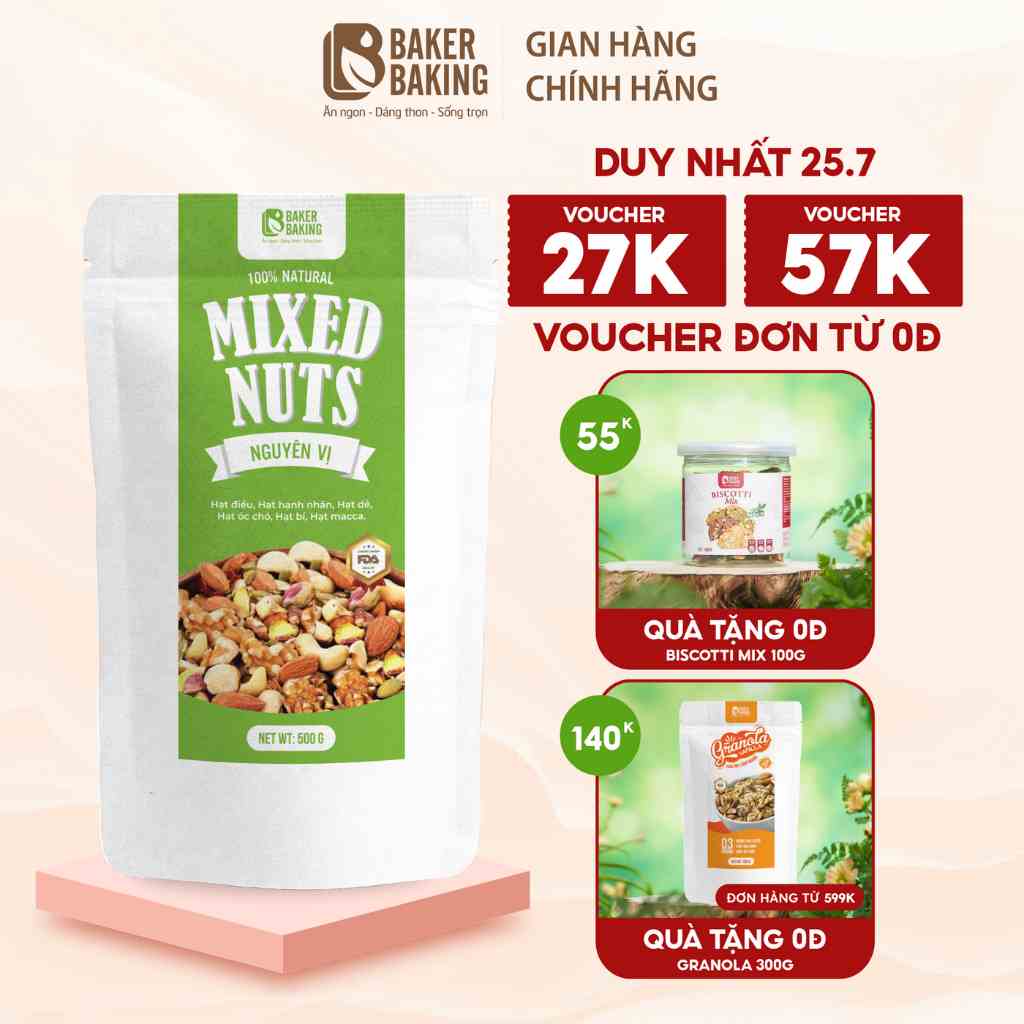 [Mã BMLT35 giảm đến 35K đơn 99K] Hạt dinh dưỡng Mixed Nuts không hoa quả sấy tốt cho mẹ bầu, eatclean Baker Baking 500g