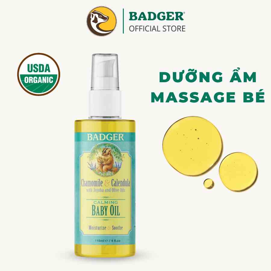 Dầu massage dưỡng ẩm hữu cơ cho em bé Badger Baby Oil Organic giúp da mềm mượt an toàn cho trẻ sơ sinh 118ml